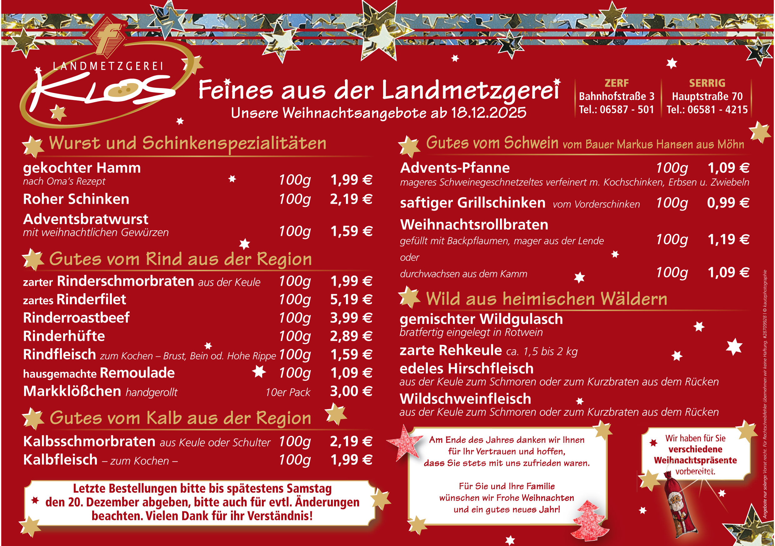 Weihnachtsangebote 2025 Landmetzgerei Klos in Zerf